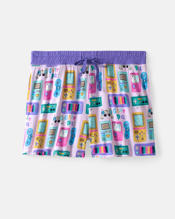 Flat lay of the Purple Game On Women's Pajama Shorts