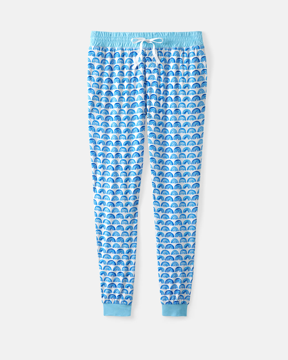 Blue and white patterned jogger pajama pants with a light blue elastic waistband and drawstring, featuring a repeating scallop shell pattern and light blue ribbed cuffs.