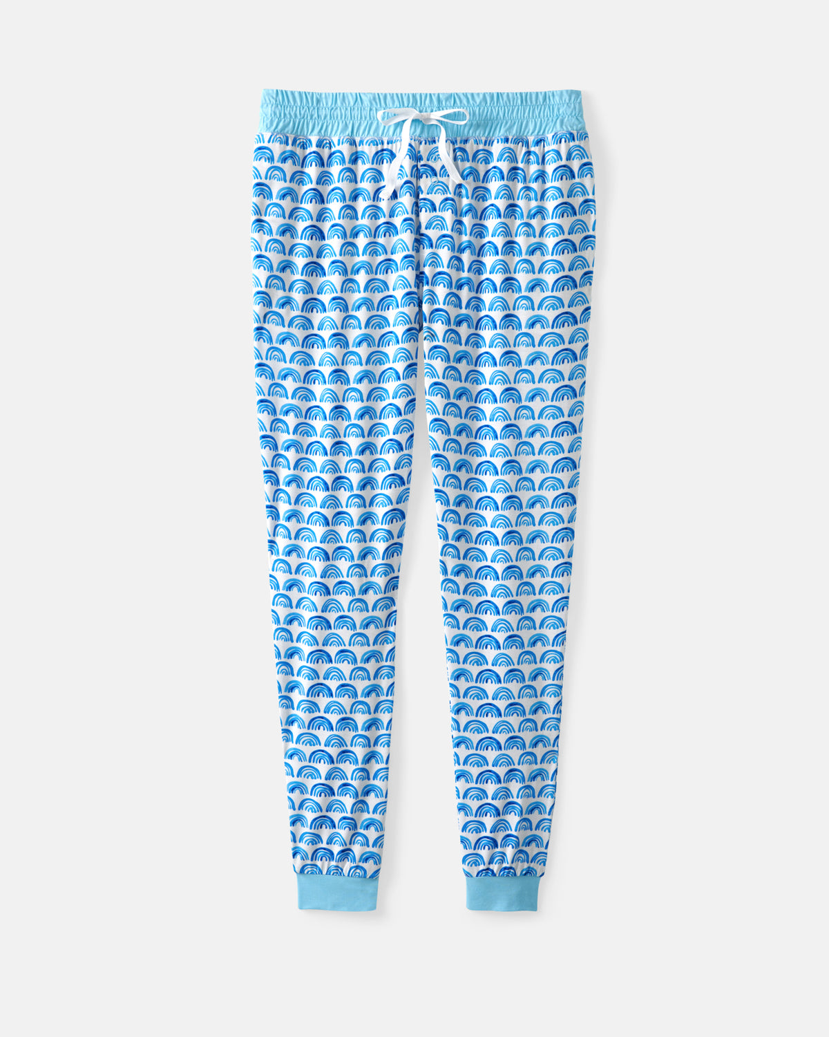 Blue and white patterned jogger pajama pants with a light blue elastic waistband and drawstring, featuring a repeating scallop shell pattern and light blue ribbed cuffs.