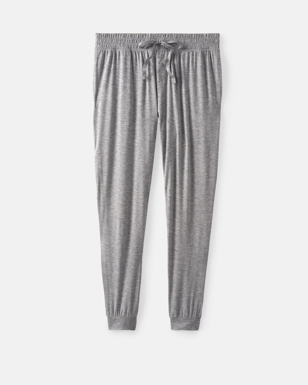 Light gray heather jogger PJ pants with an elastic waistband and drawstring, displayed flat against a light gray background.