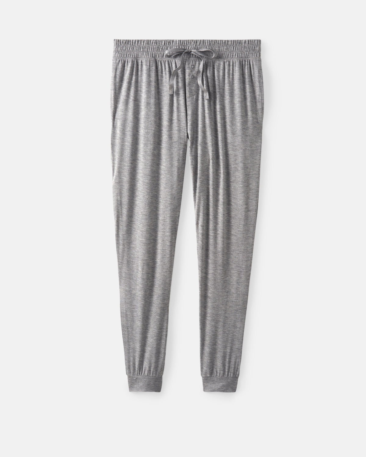Light gray heather jogger PJ pants with an elastic waistband and drawstring, displayed flat against a light gray background.