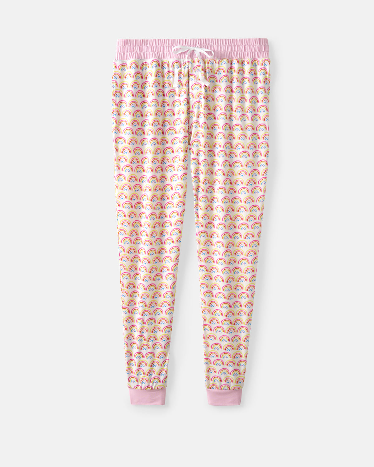 Pink and white jogger pajama pants with a repeating rainbow pattern, featuring a pink elastic waistband with a white drawstring and pink ribbed cuffs.