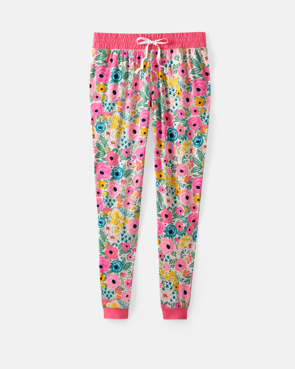 A pair of women's jogger-style pants with a vibrant pink floral print, featuring a solid pink elastic waistband with a white drawstring and matching pink ribbed cuffs, shown against a light gray background.