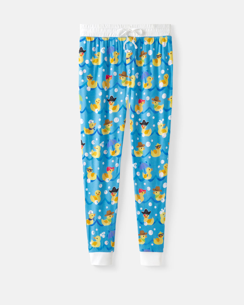 Blue women's pants with a repeating yellow rubber duck pattern, featuring a white elastic waistband with a drawstring and white ribbed cuffs, shown flat on a light gray background.