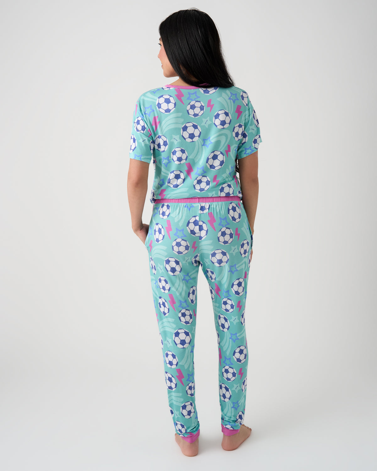 Back view of woman wearing the Aqua Soccer Stars Women's Pajama Pants and Top