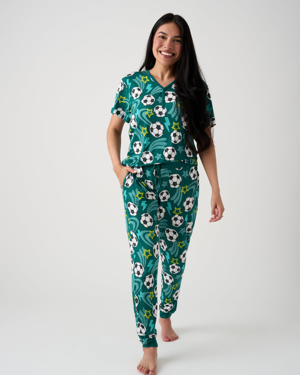 Woman wearing the Soccer Stars Women's Pajama Pants and Top