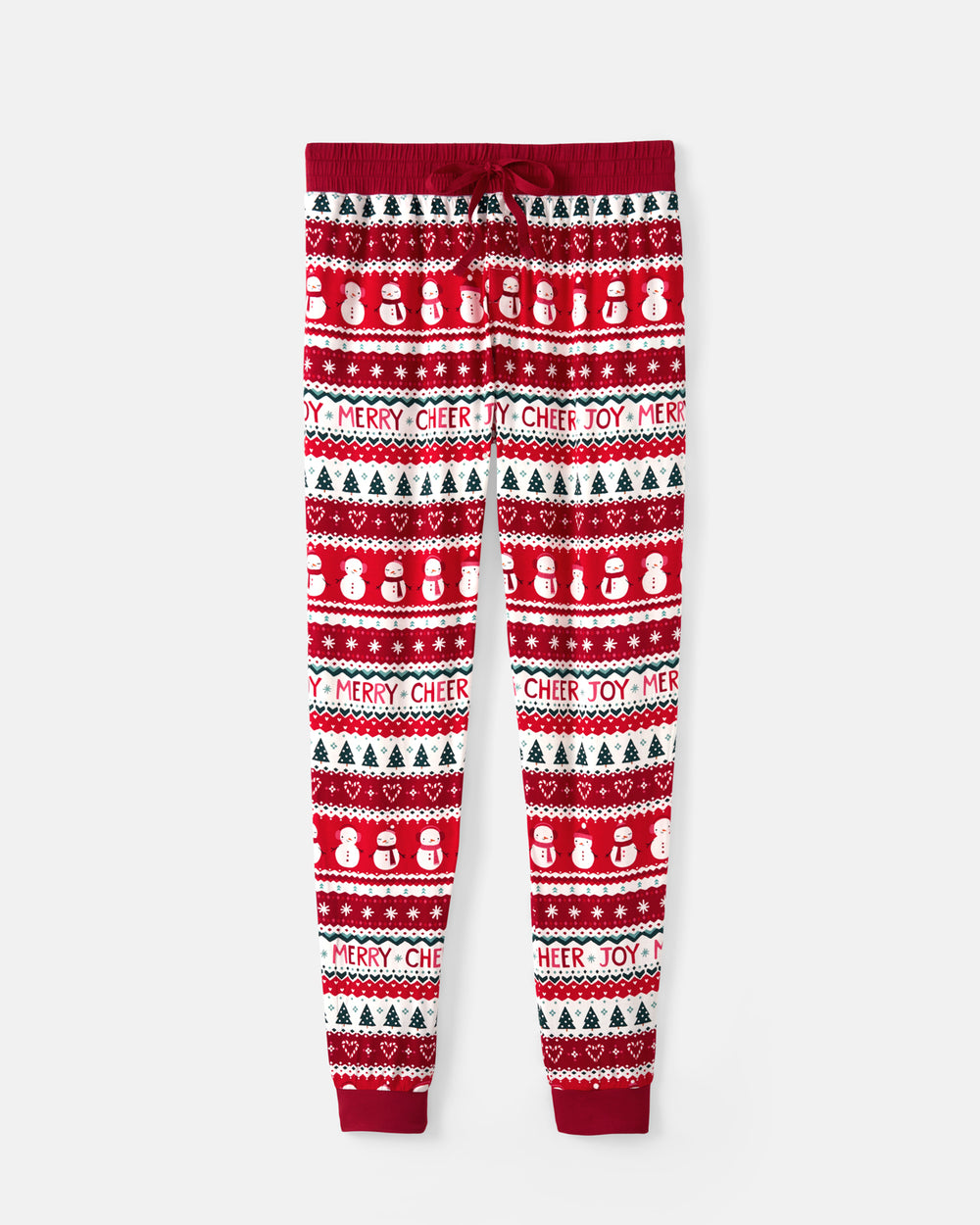 Red and white Christmas-themed jogger pants with a festive knit pattern featuring snowmen, Christmas trees, and 'MERRY CHEER' text, shown flat on a light gray background.