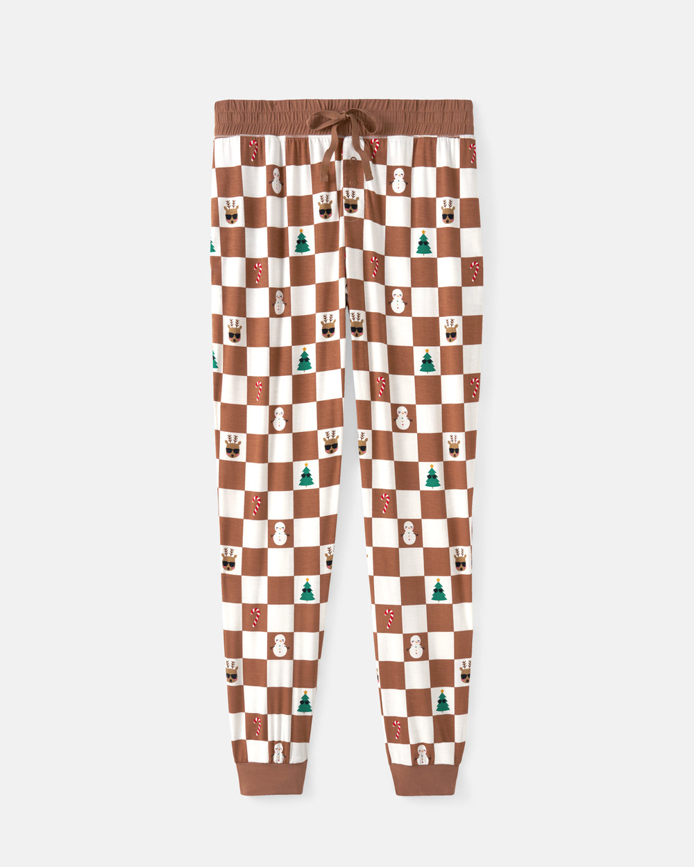 A pair of jogger-style pants with a brown and cream checkerboard pattern, decorated with small festive icons like Santa Claus, reindeer, and Christmas trees. The pants feature a brown elastic waistband with a matching drawstring and cuffs at the ankles, shown against a light gray background.