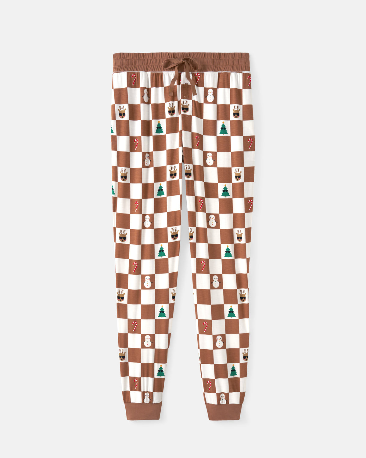 A pair of jogger-style pants with a brown and cream checkerboard pattern, decorated with small festive icons like Santa Claus, reindeer, and Christmas trees. The pants feature a brown elastic waistband with a matching drawstring and cuffs at the ankles, shown against a light gray background.