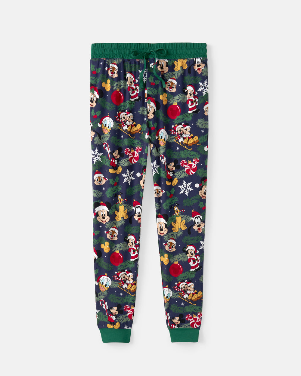 A pair of dark green Christmas-themed sweatpants featuring an all-over print of Disney characters like Mickey Mouse and Minnie Mouse in holiday attire, with green ribbed cuffs and waistband.