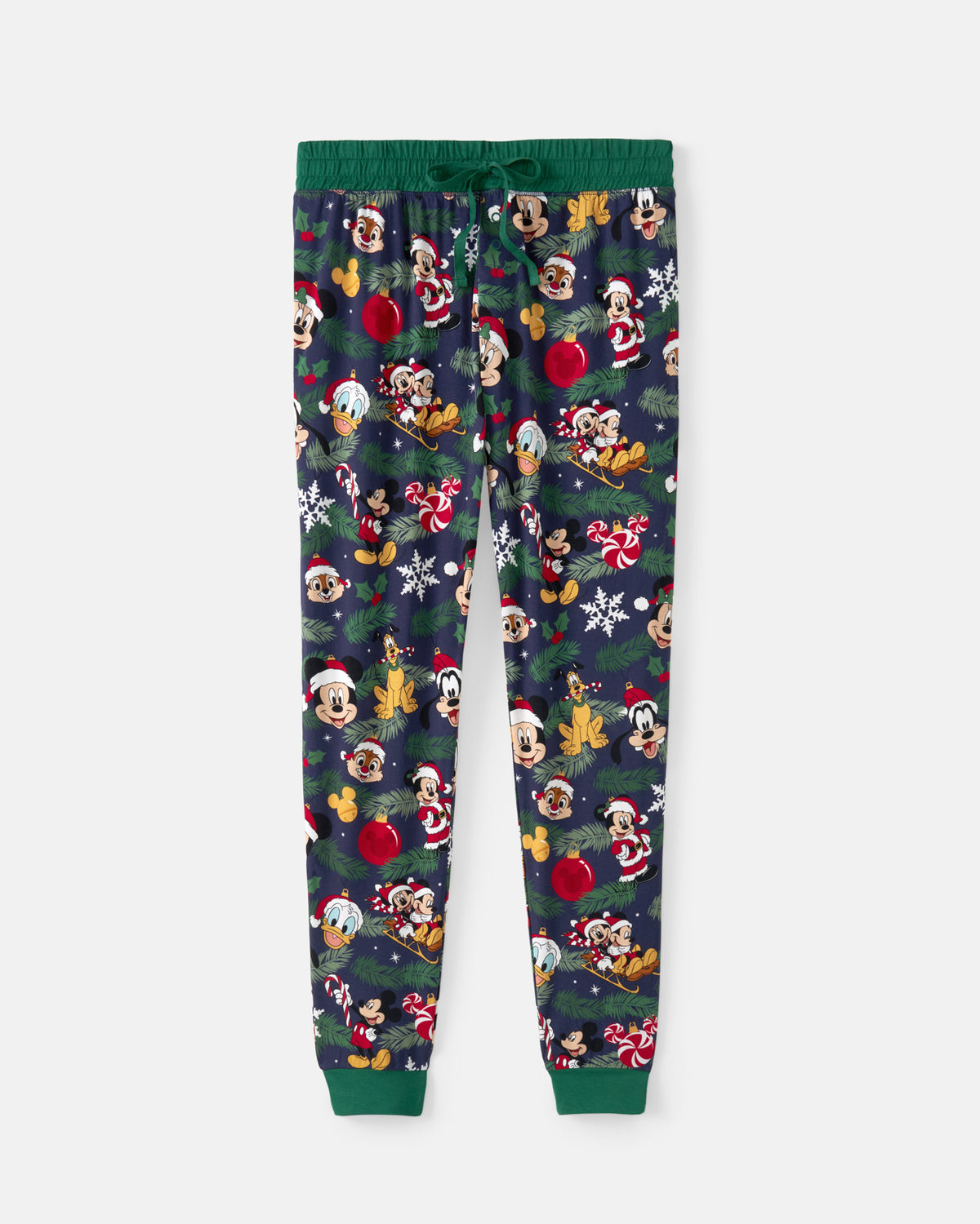 A pair of dark green Christmas-themed sweatpants featuring an all-over print of Disney characters like Mickey Mouse and Minnie Mouse in holiday attire, with green ribbed cuffs and waistband.