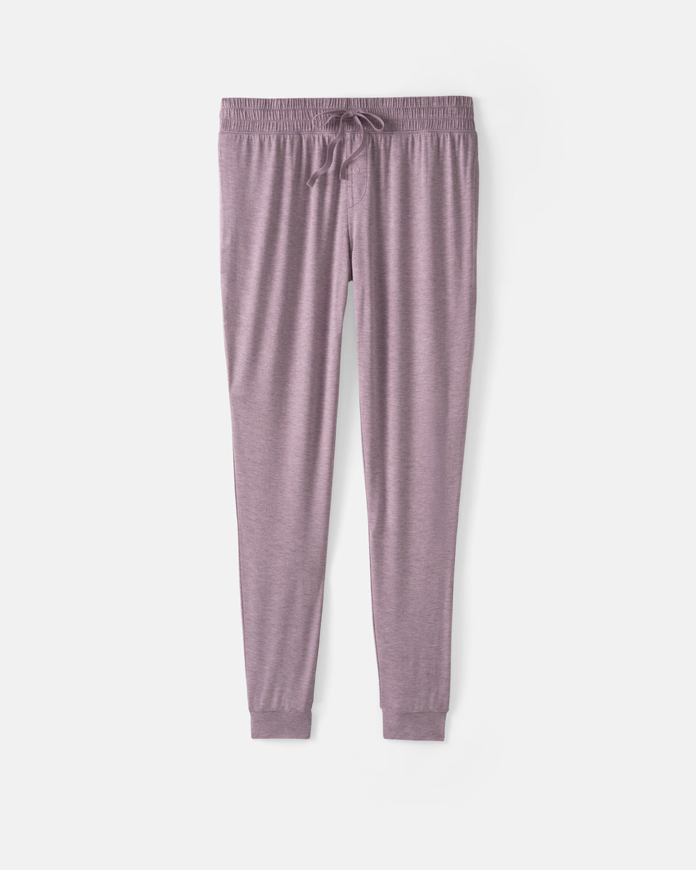A pair of women's lounge pants in a heathered dusty mauve-purple color, featuring an elastic waistband with a drawstring and ribbed ankle cuffs, shown flat on a light gray background.