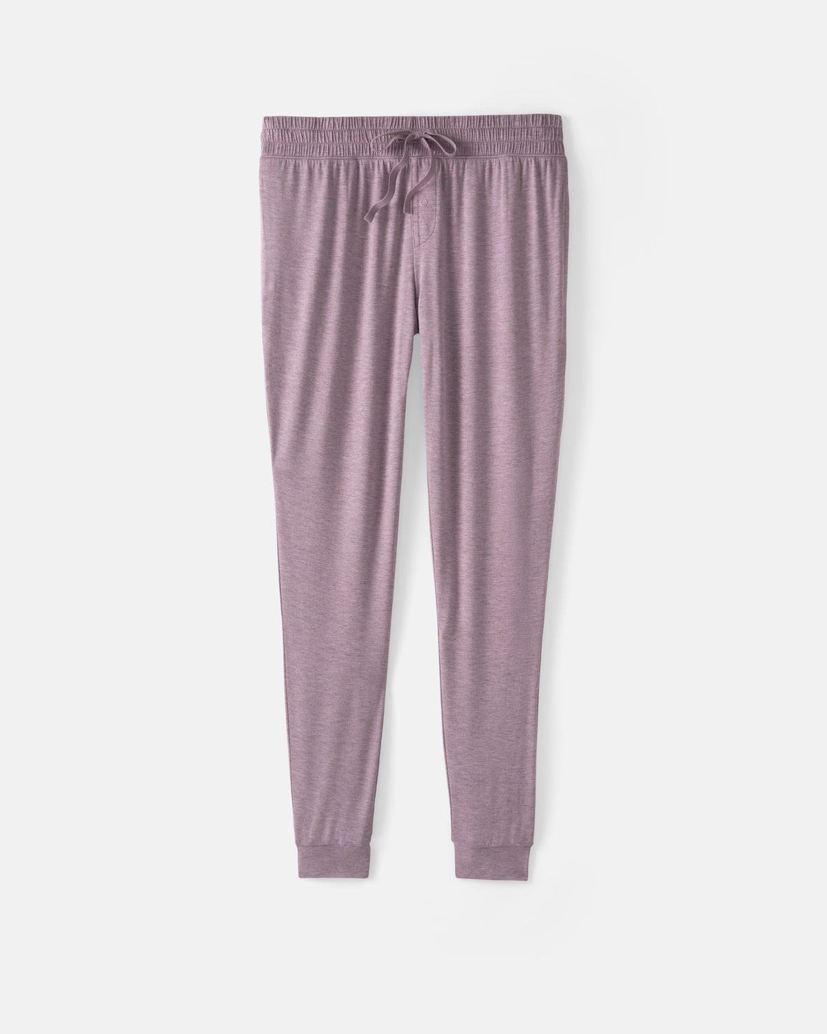 A pair of women's lounge pants in a heathered dusty mauve-purple color, featuring an elastic waistband with a drawstring and ribbed ankle cuffs, shown flat on a light gray background.