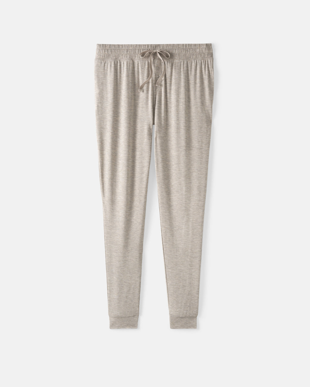 Light beige heather jogger pants with an elastic waistband and drawstring, shown flat against a light gray background.