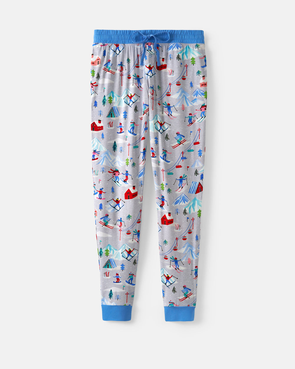 A pair of kids' lounge pants with a light gray background and a colorful winter ski resort print, featuring blue elastic waistband and cuffs.