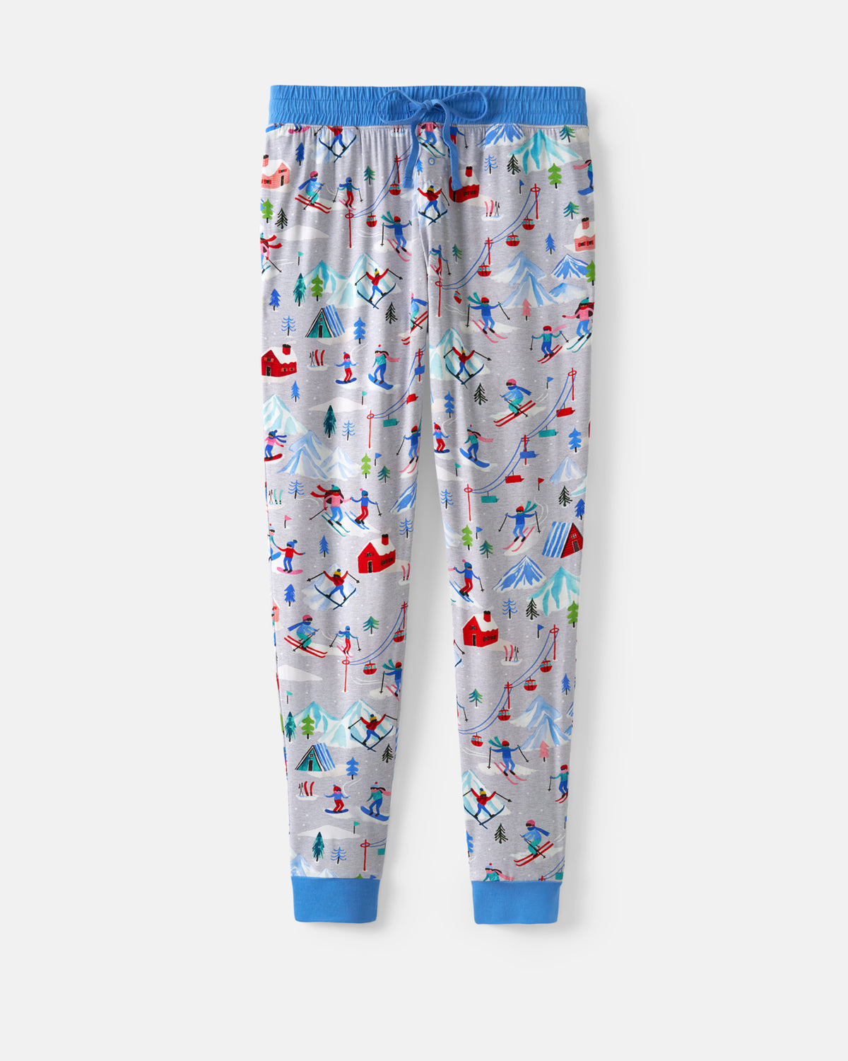 A pair of kids' lounge pants with a light gray background and a colorful winter ski resort print, featuring blue elastic waistband and cuffs.