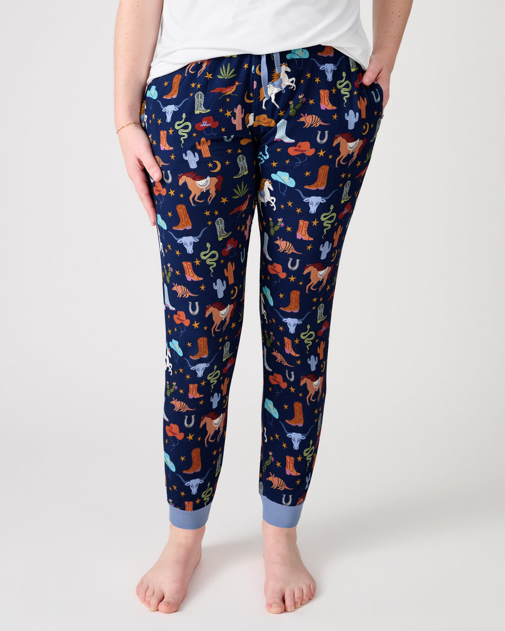 Woman wearing the Blue Rancher Roundup Women's Pajama Pants