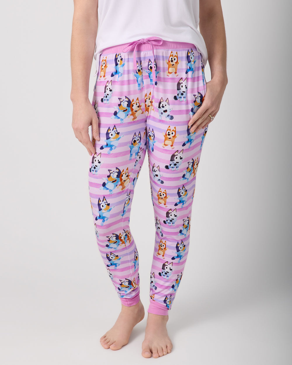 Close up of woman wearing the Pink Bluey Dance All Day Women's Pajama Pants