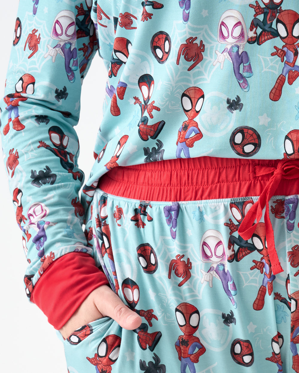 Close up of the waistband detail on the Spidey & Friends Tiny Webs Women's Pajama Pants