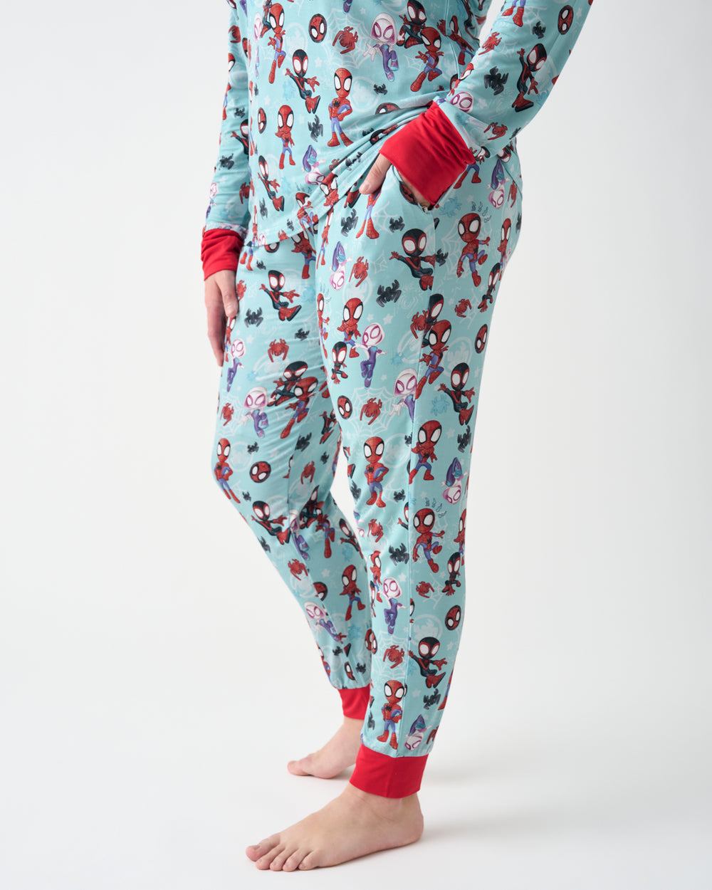 Woman wearing the Spidey & Friends Tiny Webs Women's Pajama Pants