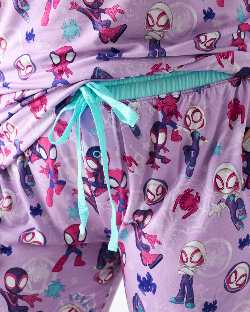 Close up of the drawstring on the Purple Spidey & Friends Tiny Webs Women's Pajama Pants