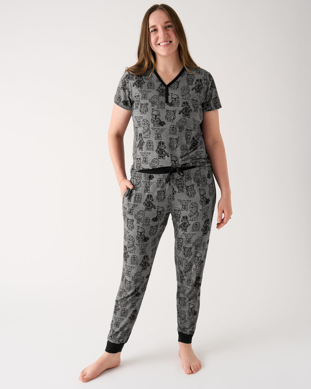 Woman wearing the Star Wars Far, Far, Away Friends Women's Pajama Pants and Top