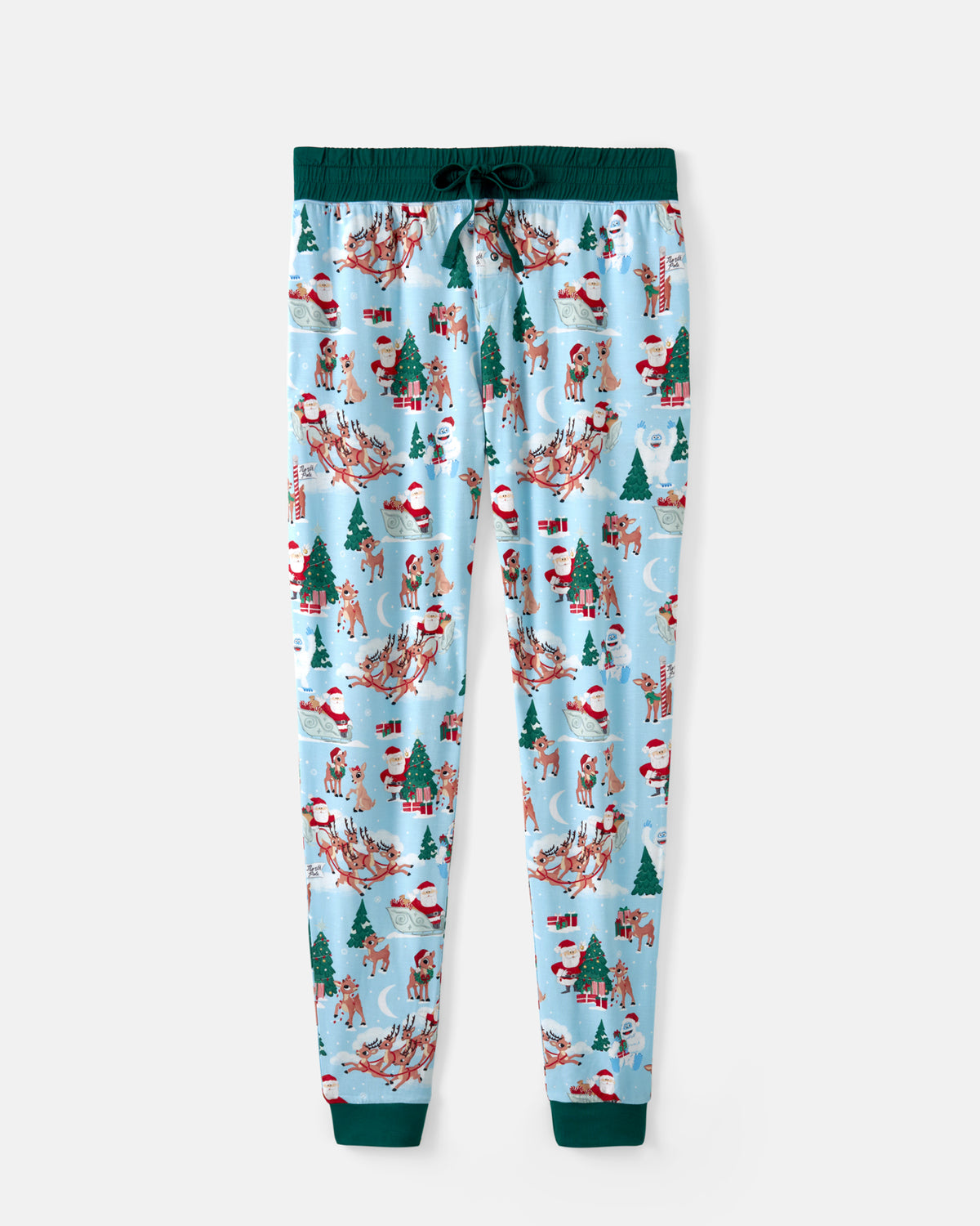 Light blue Christmas-themed lounge pants with a festive print of Santa Claus, reindeer, and snowman motifs, featuring dark green elastic waistband and cuffs.