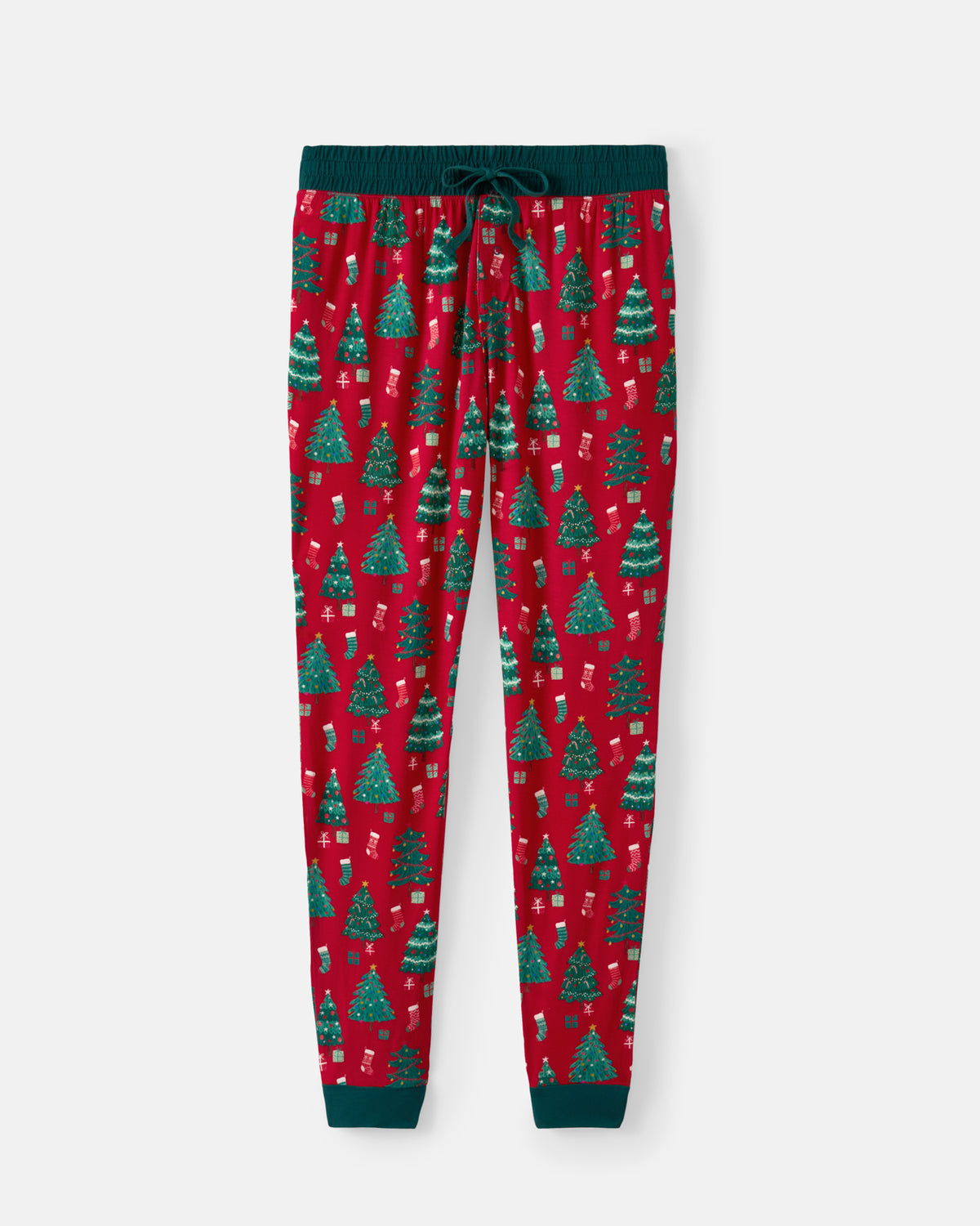 Red Christmas-themed lounge pants with a green tree and gift pattern, featuring a dark green elastic waistband and drawstring, dark green ankle cuffs, and a matching dark green waistband.