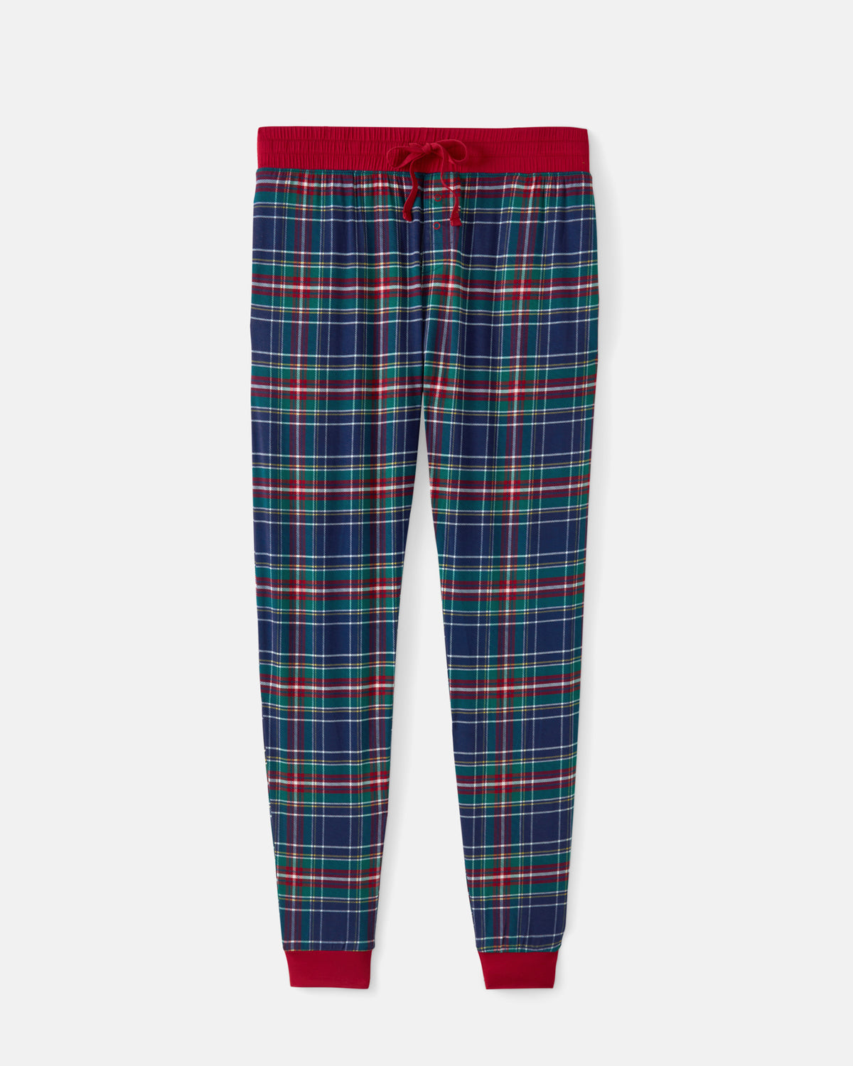 A pair of men's plaid pajama pants in navy blue with red, green, and white tartan lines, featuring a solid red elastic waistband with a matching drawstring and red ribbed ankle cuffs, shown flat on a light gray background.