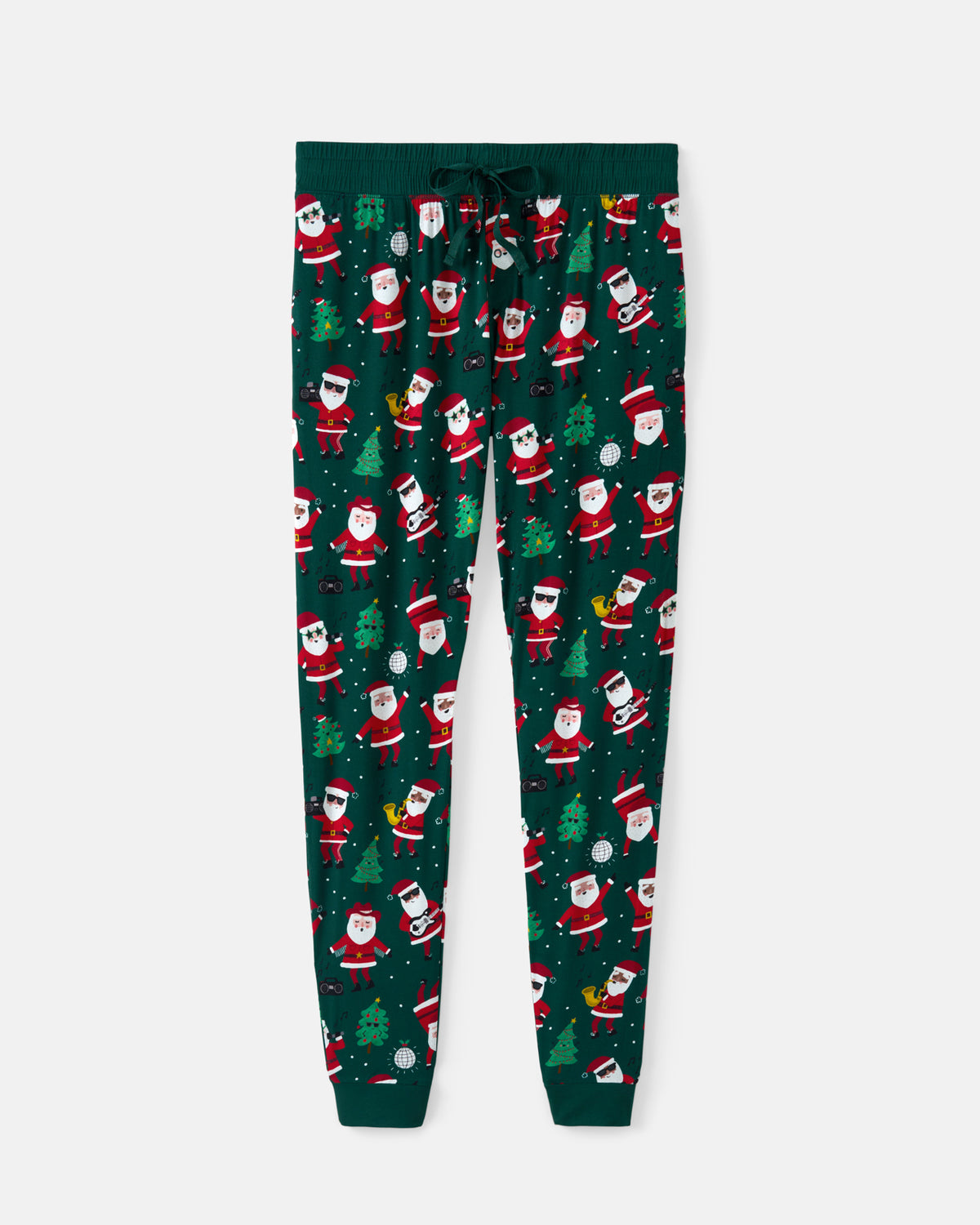 Dark green Christmas-themed lounge pants featuring an all-over print of Santa Claus, Christmas trees, and snowflakes, with a matching drawstring waistband.