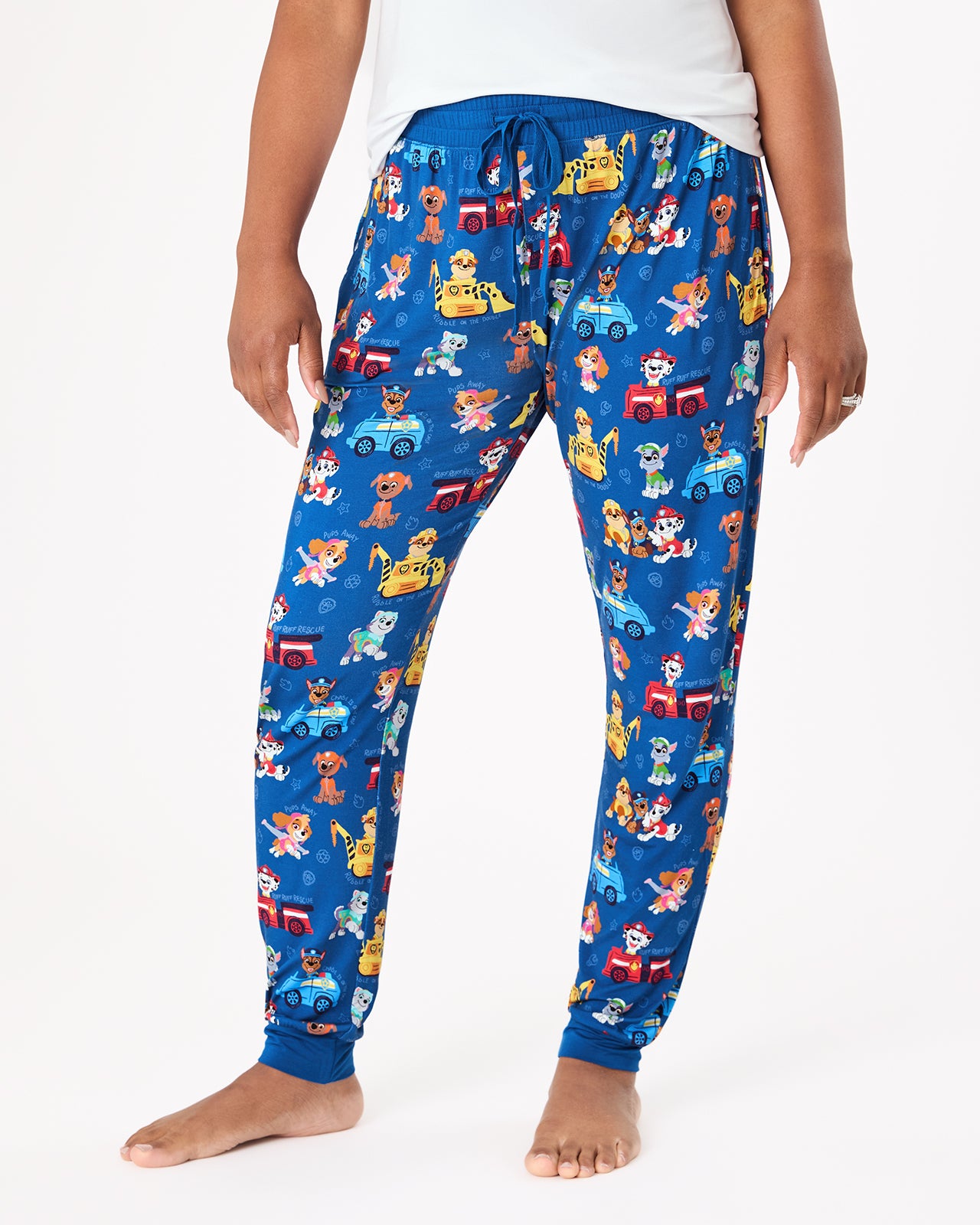 Front view of woman wearing the PAW Patrol Adventure Bay Heroes Women's Pajama Pants