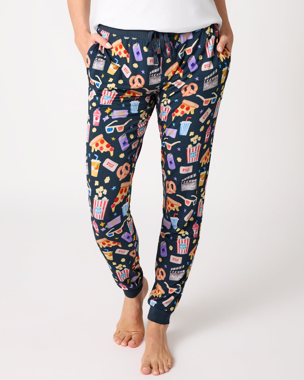 Woman wearing the Movie Marathon Women's Pajama Pants