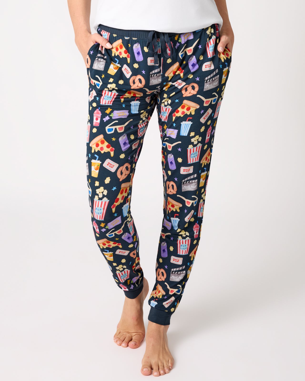 Woman wearing the Movie Marathon Women's Pajama Pants