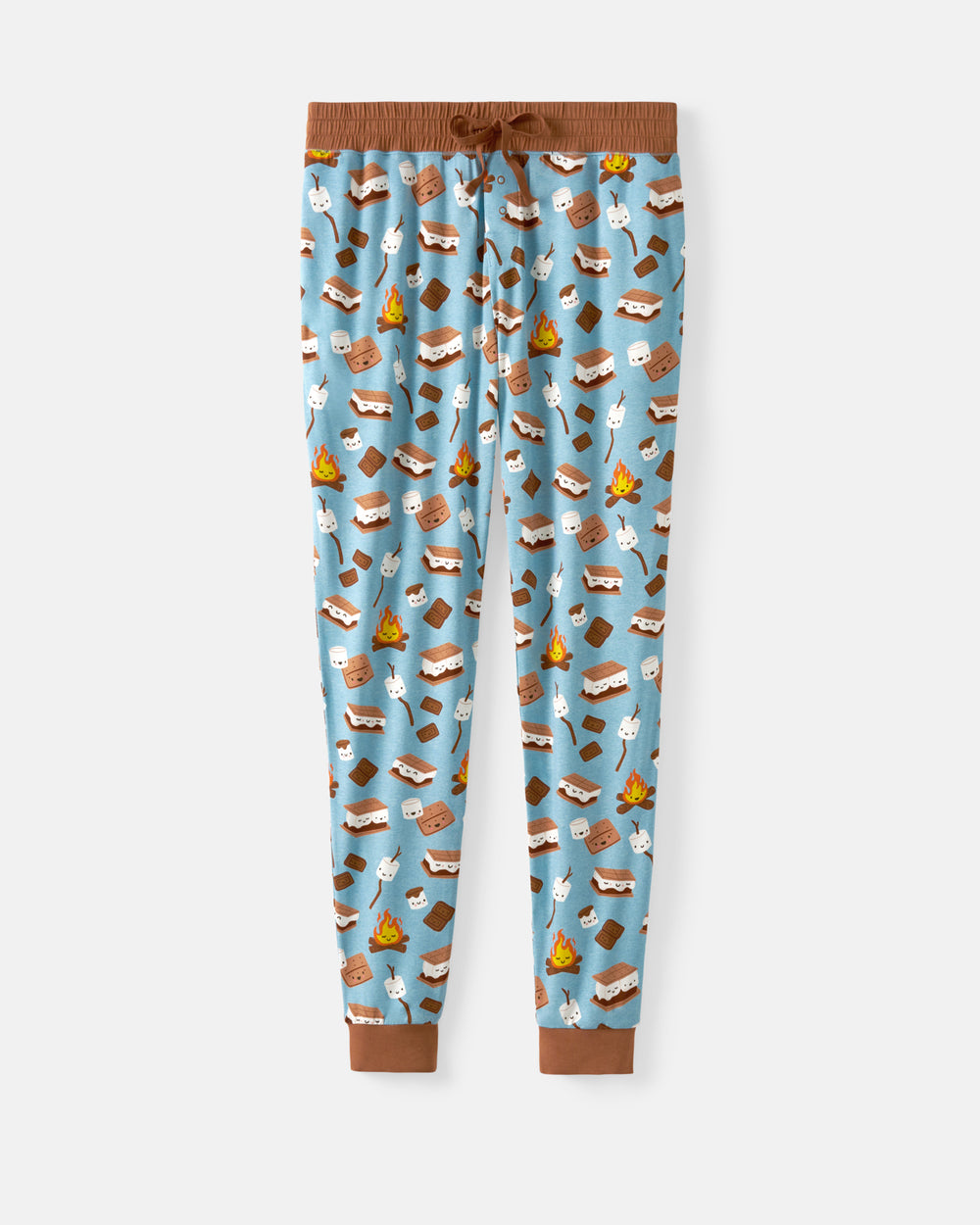 Light blue jogger pants with a brown elastic waistband and cuffs, featuring an all-over s'mores print with brown squares, white marshmallows, and yellow campfires.