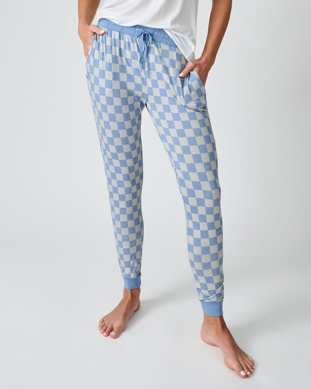 Woman wearing the Dusk Blue Checks Women's Pajama Pants
