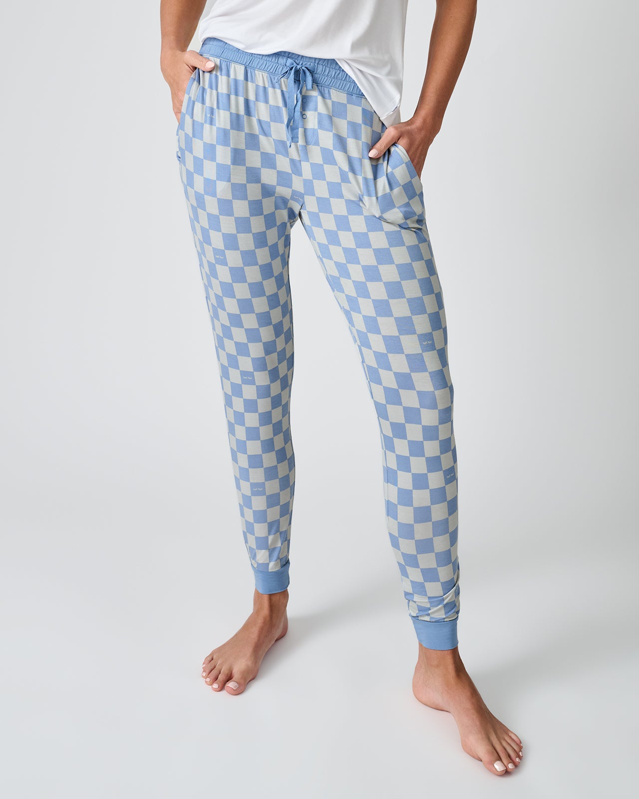Woman wearing the Dusk Blue Checks Women's Pajama Pants