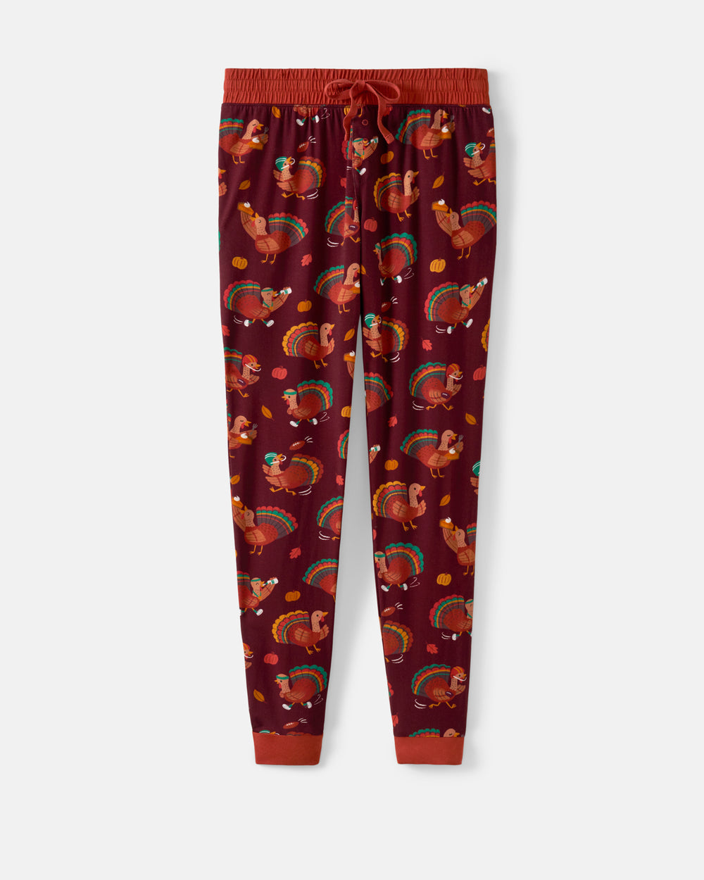 A pair of dark red fleece jogger pants featuring a festive Thanksgiving print with turkeys, pumpkins, and autumn leaves, complete with an elastic drawstring waistband and ribbed cuffs.