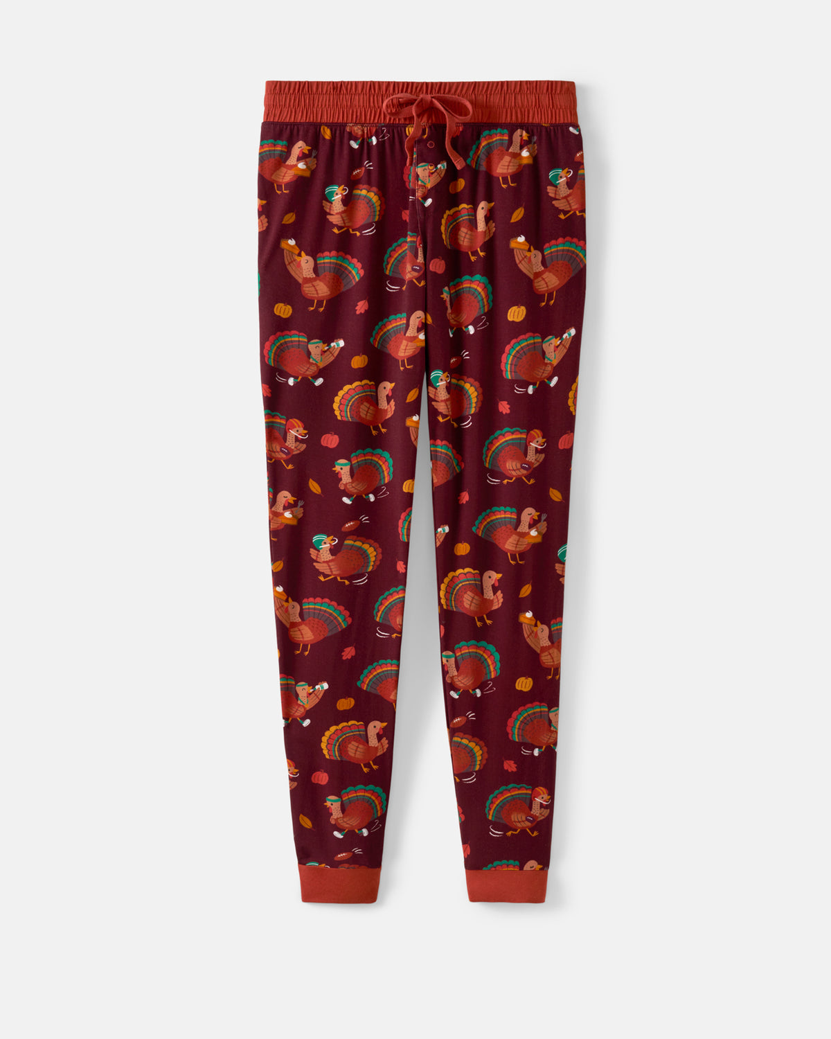 A pair of dark red fleece jogger pants featuring a festive Thanksgiving print with turkeys, pumpkins, and autumn leaves, complete with an elastic drawstring waistband and ribbed cuffs.