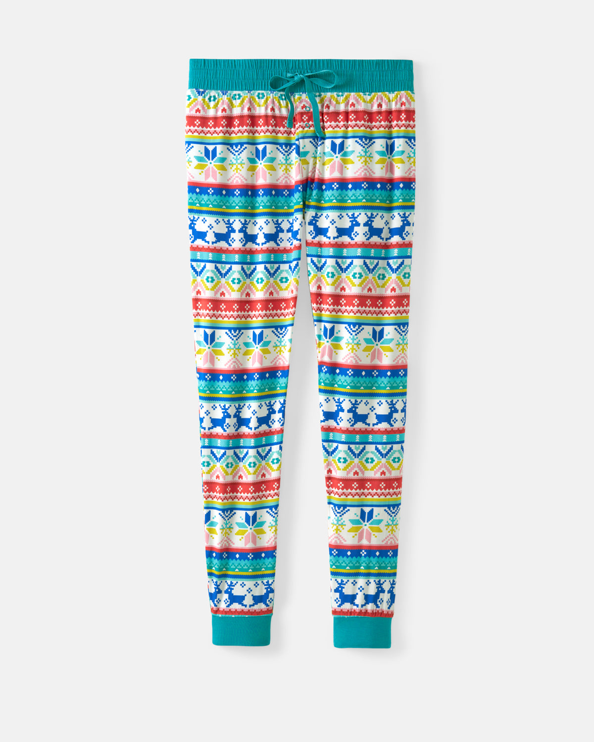A pair of children's jogger-style pants with a colorful, repeating geometric and floral pattern in blue, red, green, yellow, and white, featuring solid teal ribbed cuffs and waistband with a matching drawstring.