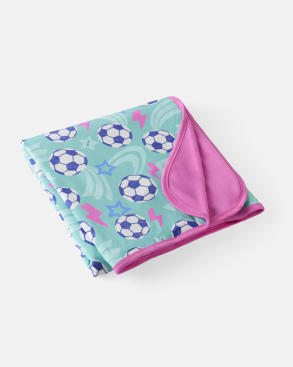 Flat lay of the Aqua Soccer Stars Large Cloud Blanket®