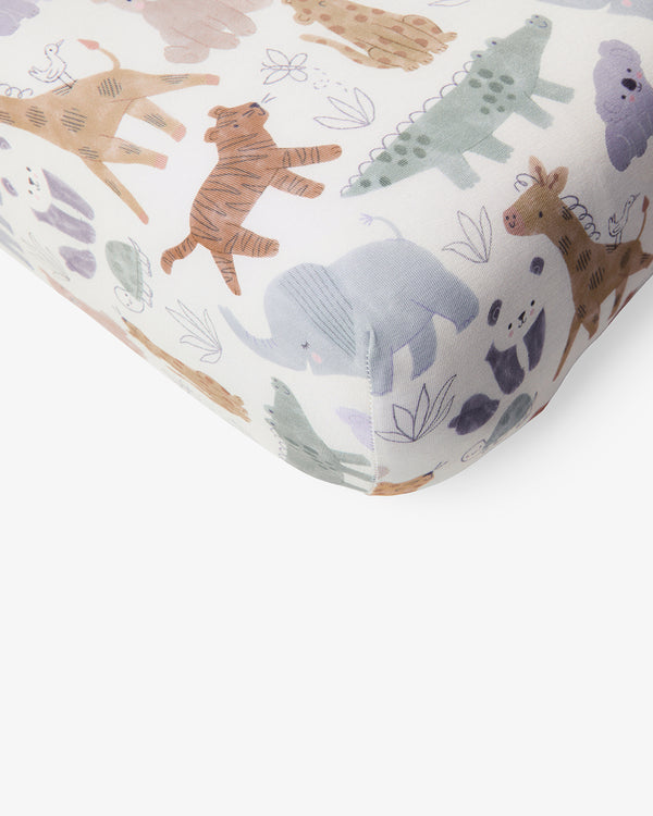 Macro view of the corner of the Sweet Safari Mini Crib Sheet