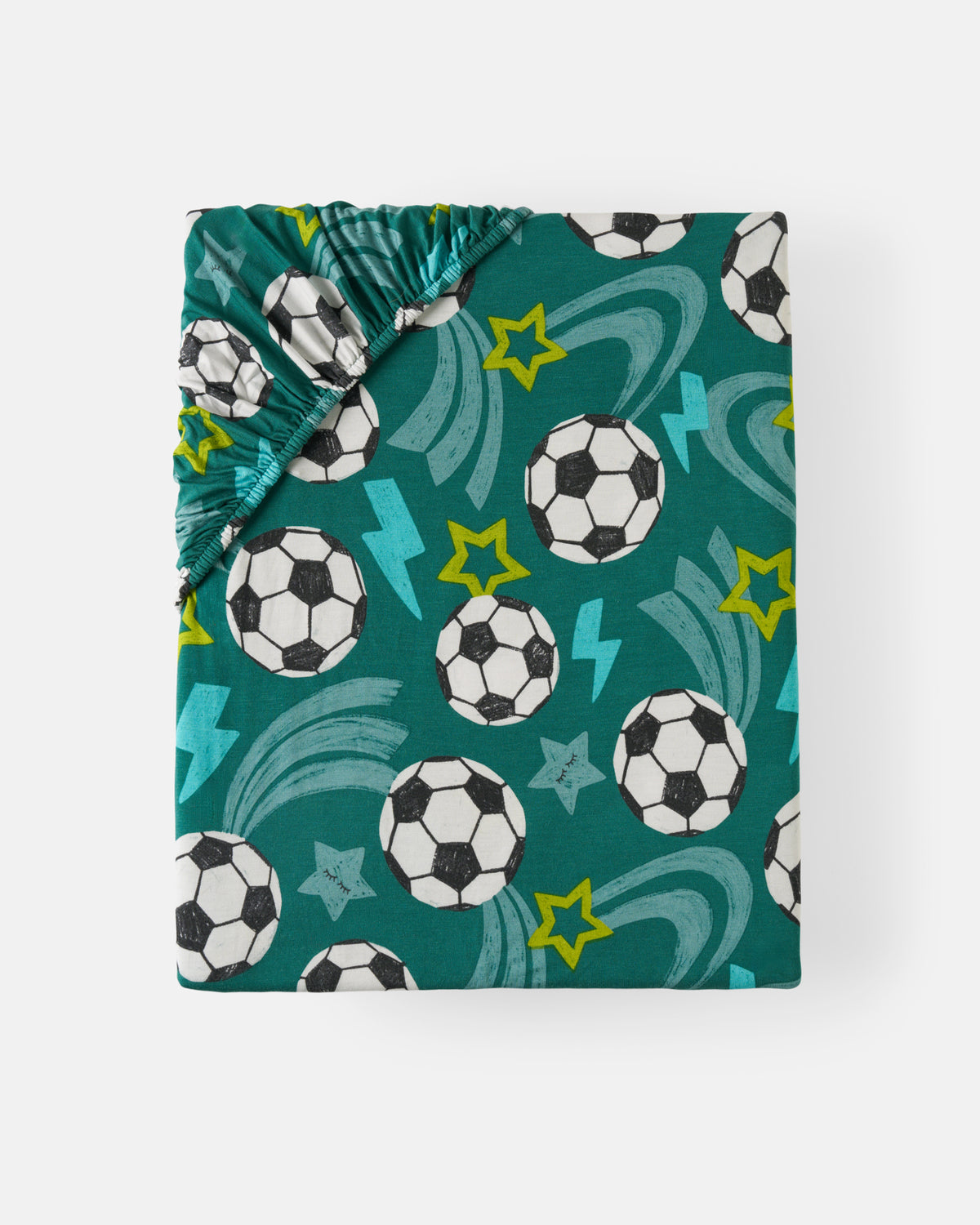 Flat lay of the Soccer Stars Fitted Crib Sheet