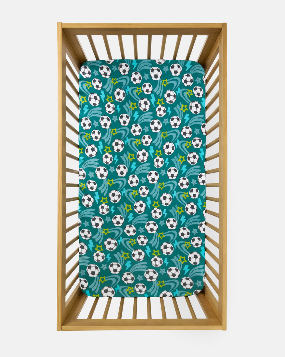 Flat lay of Soccer Stars Fitted Crib Sheet