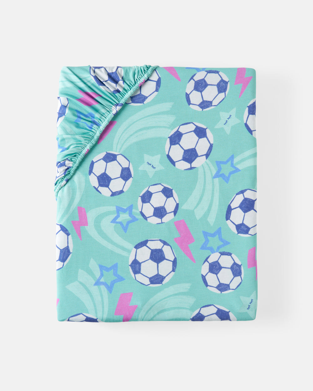 Flat lay of the Aqua Soccer Stars Fitted Crib Sheet