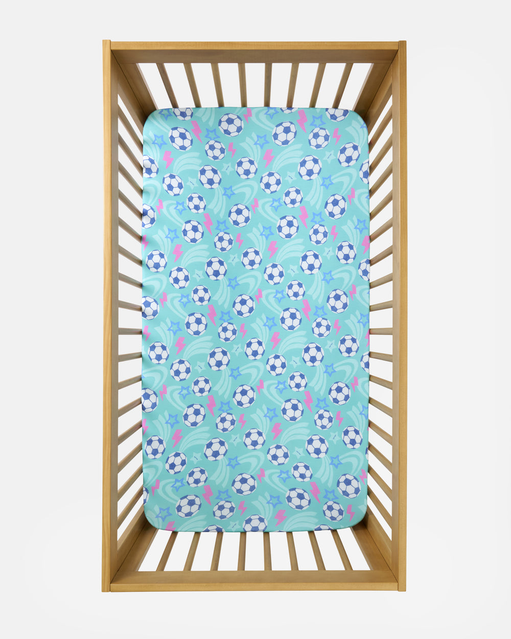 Flat lay of the Aqua Soccer Stars Fitted Crib Sheet