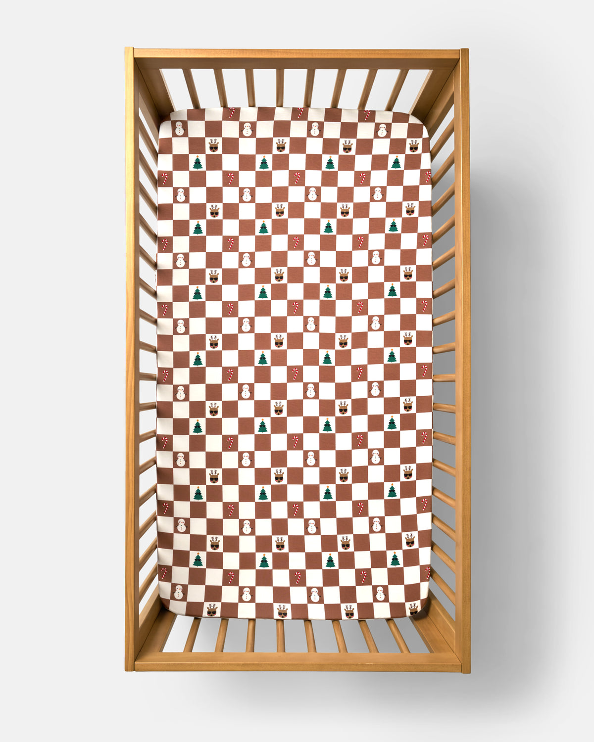 Overhead view of the Holiday Checks Fitted Crib Sheet
