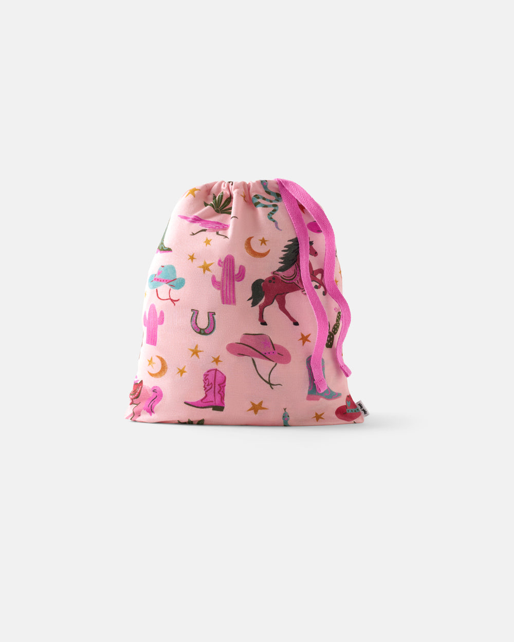 Flat lay of the Pink Rancher Roundup Fitted Crib Sheet drawstring bag