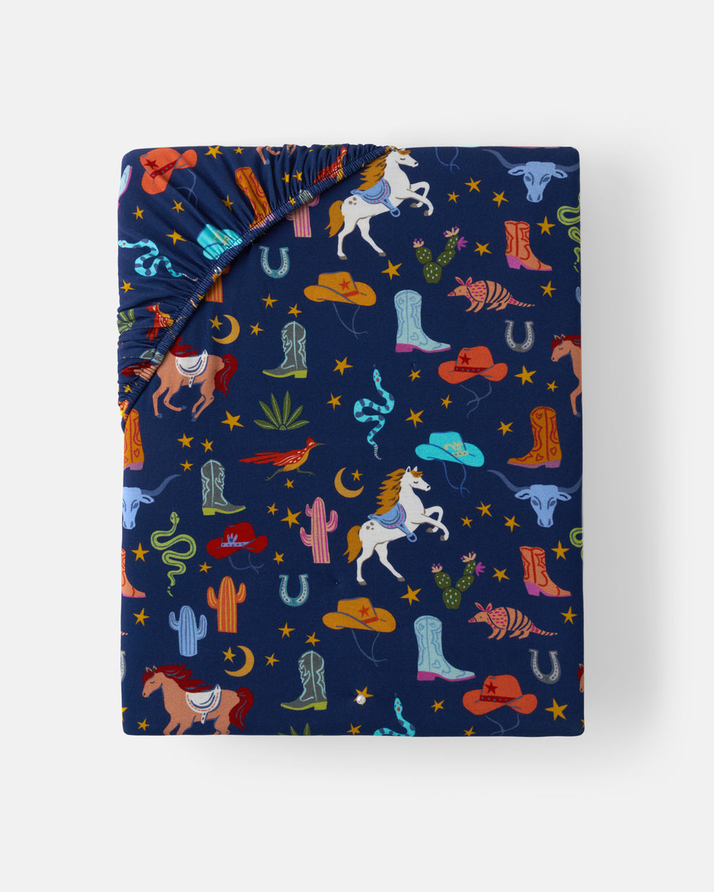 Flat lay of the Blue Rancher Roundup Fitted Crib Sheet