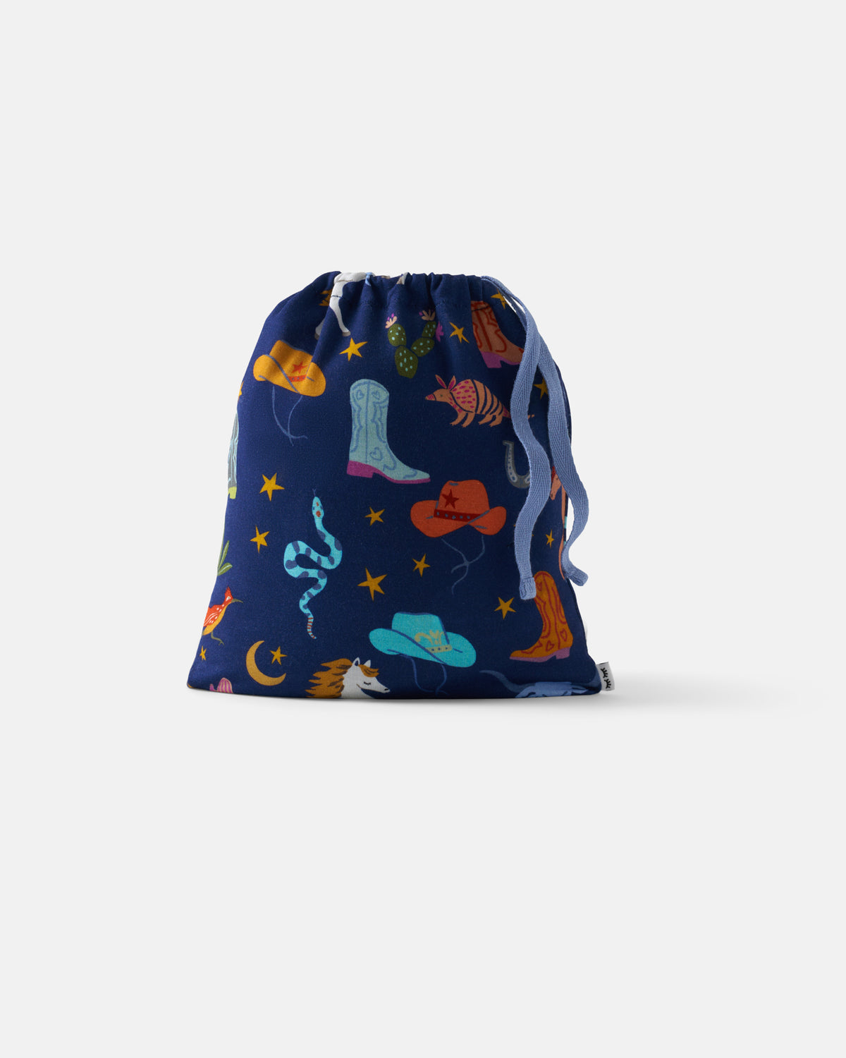 Flat lay of the Blue Rancher Roundup Fitted Crib Sheet drawstring bag
