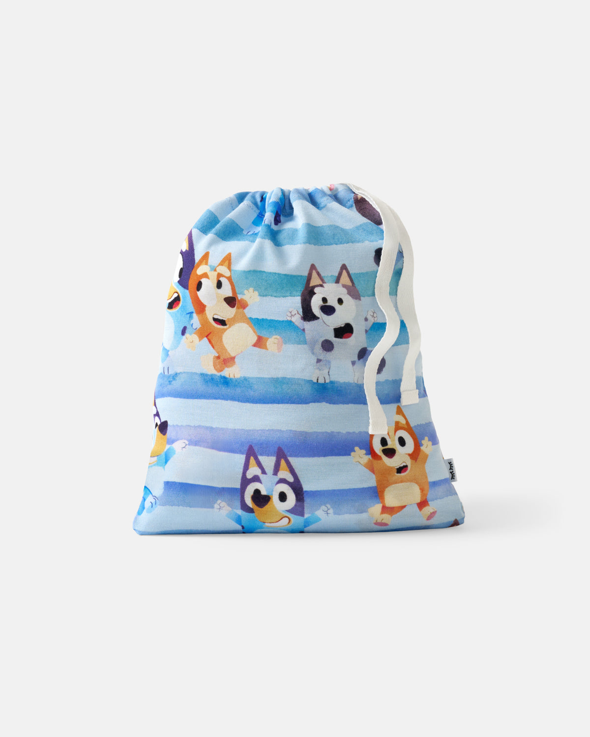 Flat lay of the Bluey Dance All Day Fitted Crib Sheet drawstring bag